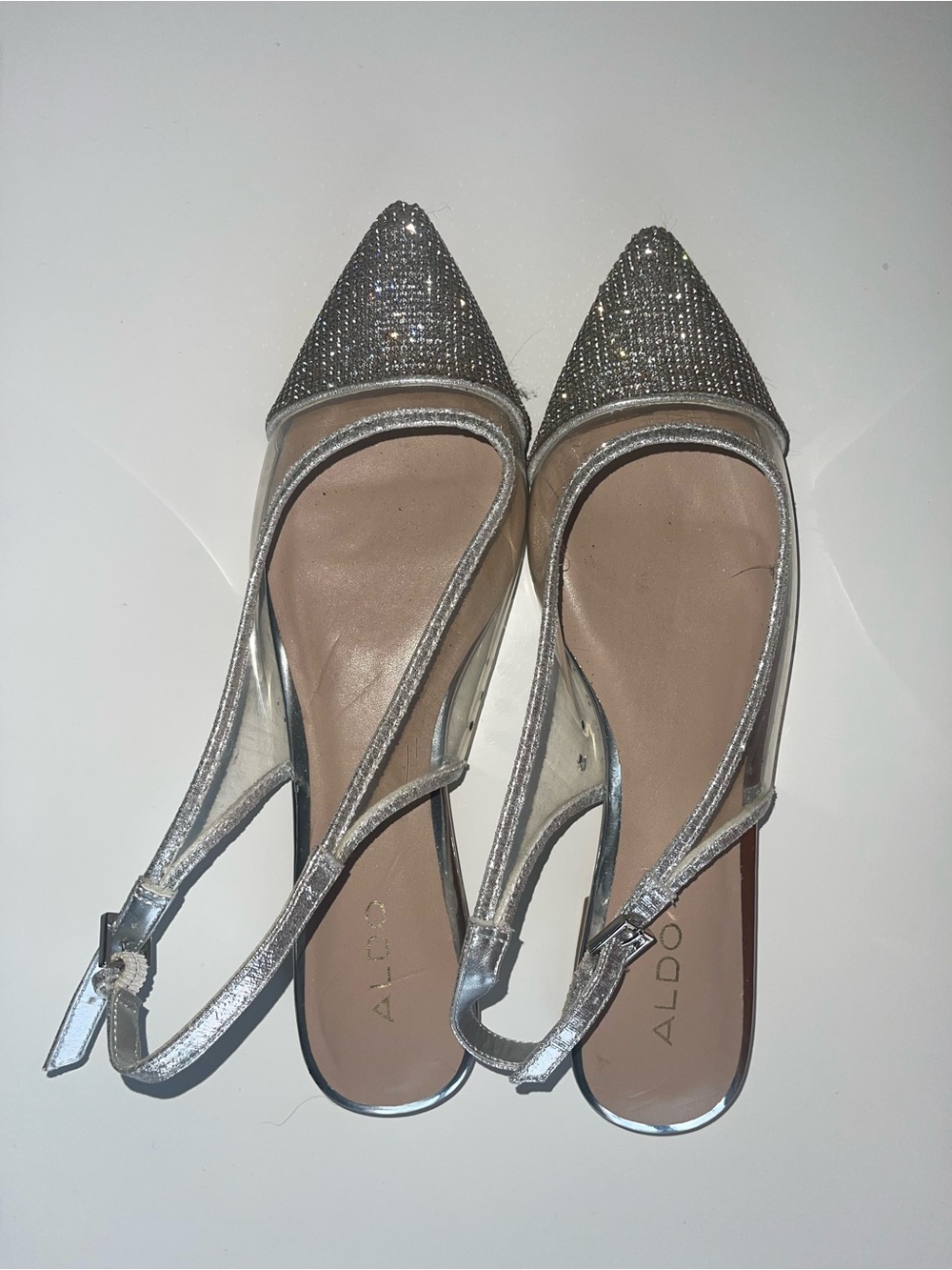 Aldo Silver Sparkle Pointed-Toe Slingback Heels